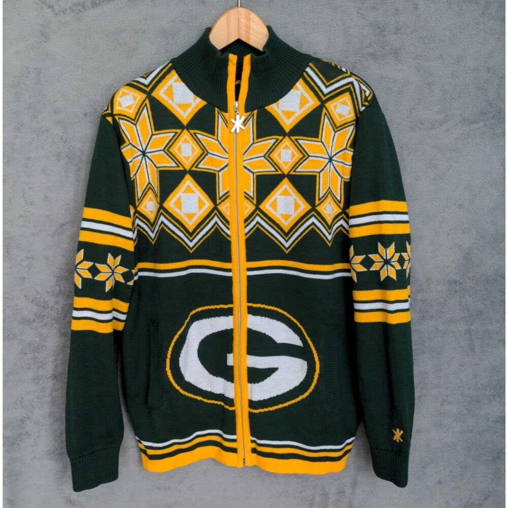NFL Team Apparel Green Bay Packers Full-Zip Sz M Nordic Ugly Christmas Sweater